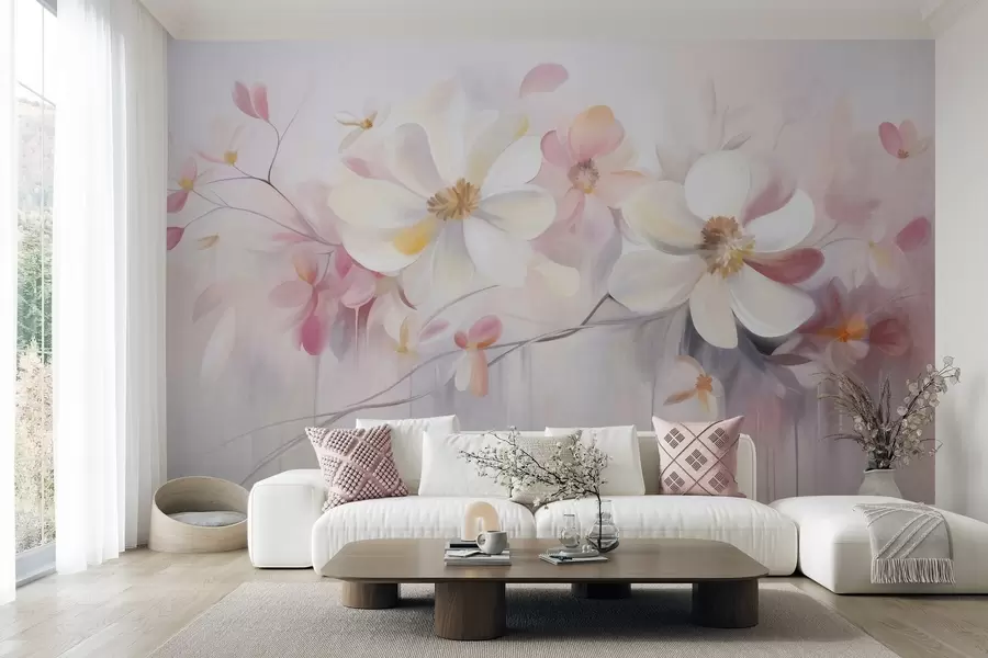 murais de parede Arte com textura de flores brancas e cor-de-rosa com pétalas delicadas, fundo abstrato e suave w09811