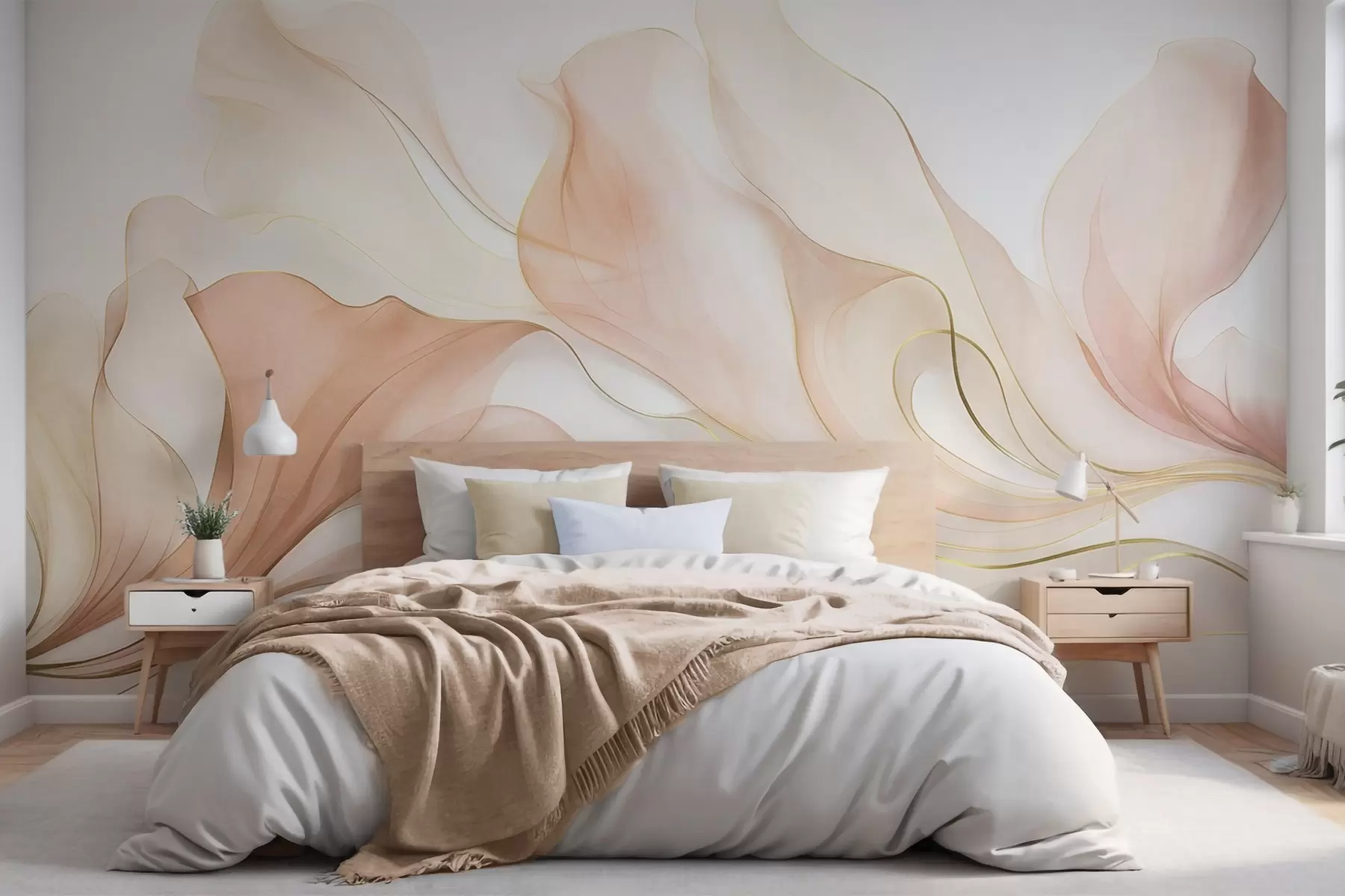 murais de parede Textura abstrata e fluida em tons de pêssego e creme, com linhas delicadas w09815