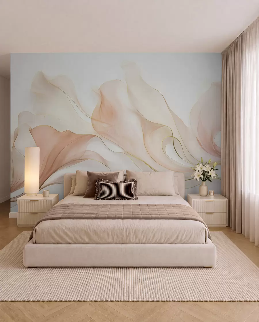 murais de parede Textura abstrata e fluida em tons de pêssego e creme, com linhas delicadas w09815