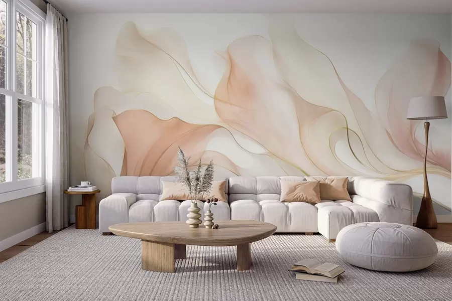 murais de parede Textura abstrata e fluida em tons de pêssego e creme, com linhas delicadas w09815