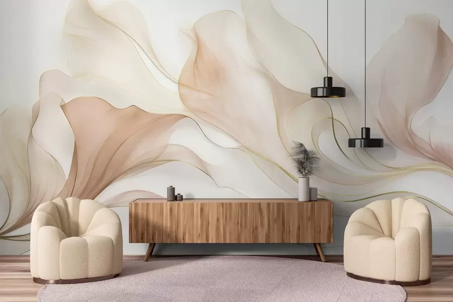 murais de parede Textura abstrata e fluida em tons de pêssego e creme, com linhas delicadas w09815