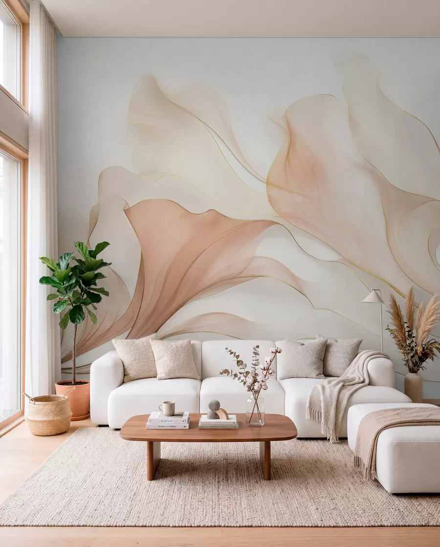murais de parede Textura abstrata e fluida em tons de pêssego e creme, com linhas delicadas w09815
