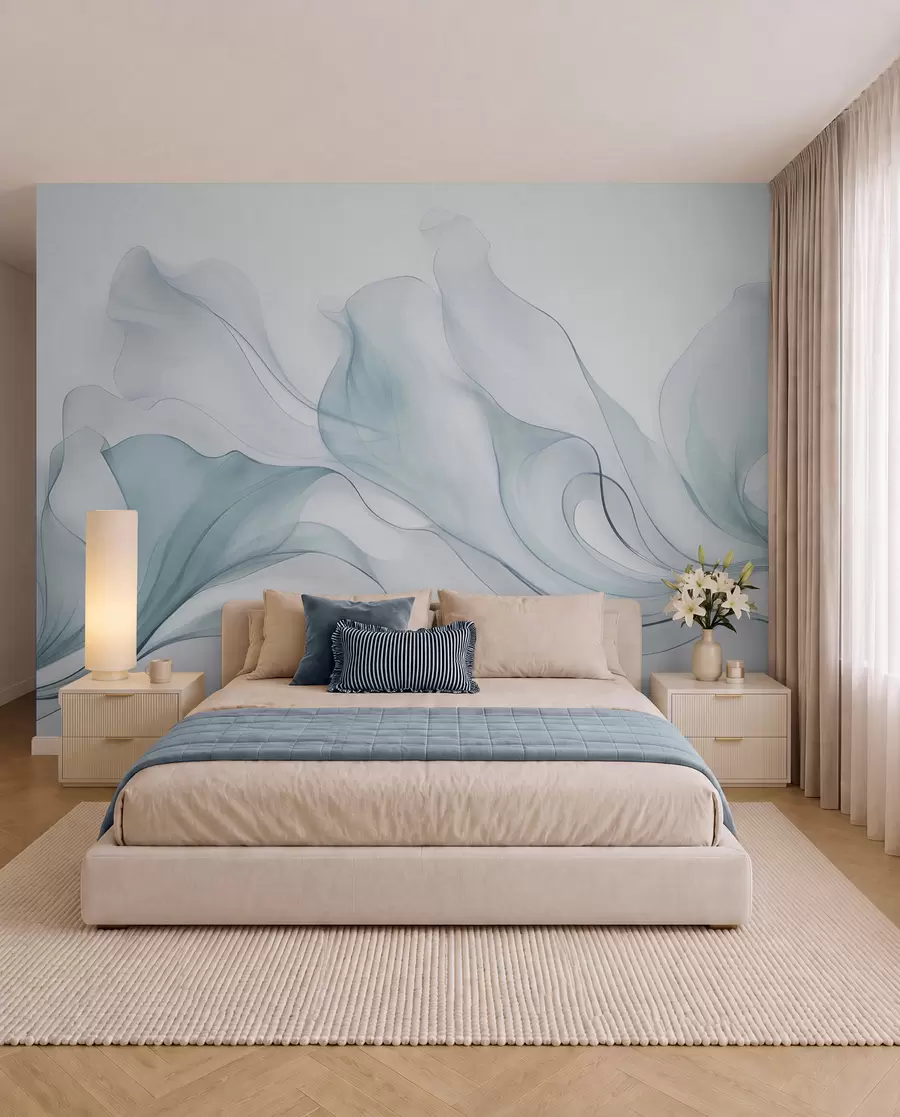murais de parede Textura abstrata e fluida em tons de azul com linhas delicadas w09815v1