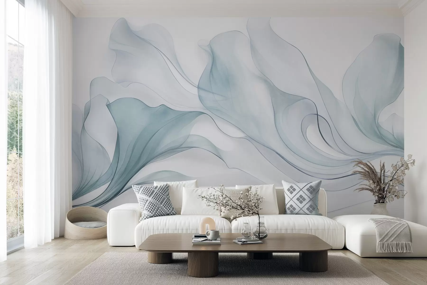 murais de parede Textura abstrata e fluida em tons de azul com linhas delicadas w09815v1