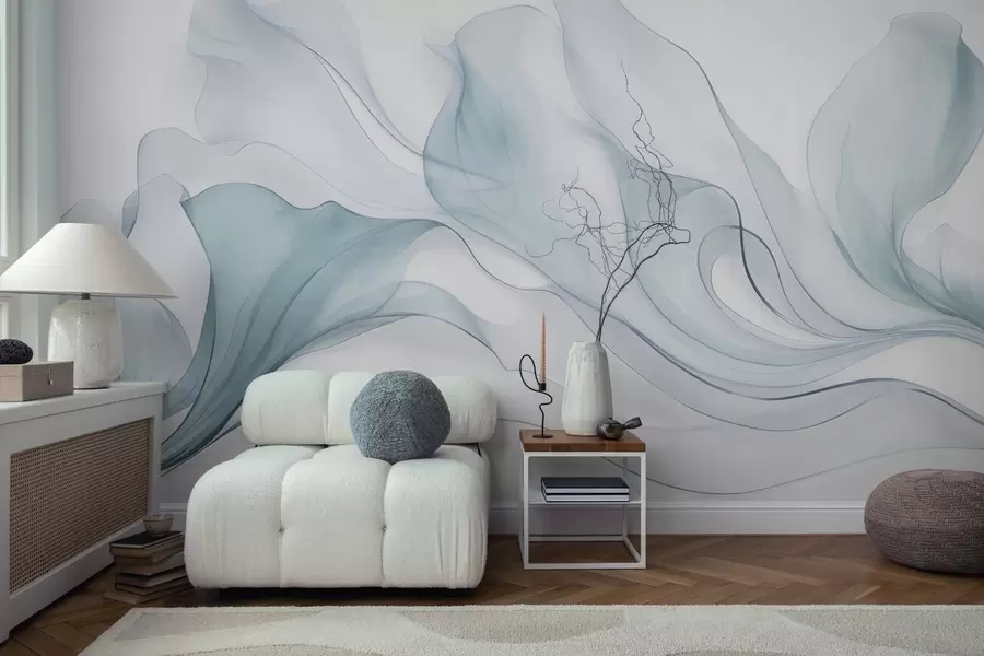 murais de parede Textura abstrata e fluida em tons de azul com linhas delicadas w09815v1