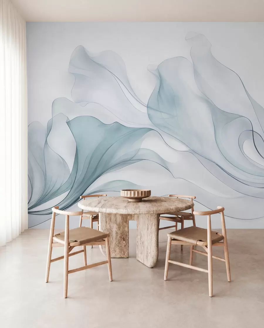 murais de parede Textura abstrata e fluida em tons de azul com linhas delicadas w09815v1