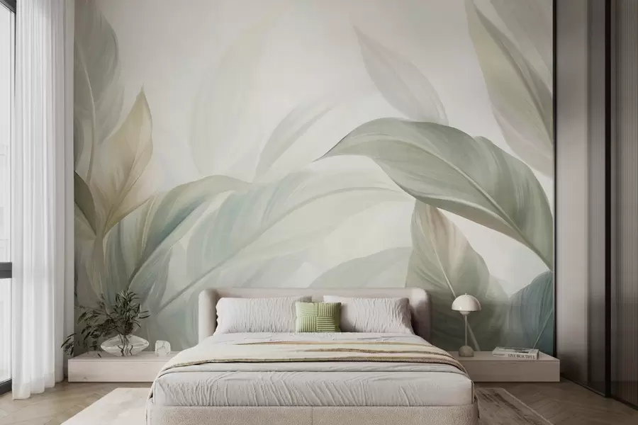 murais de parede Folhas tropicais grandes, de cor verde-claro, com tons suaves e pastel, e textura artística w09816