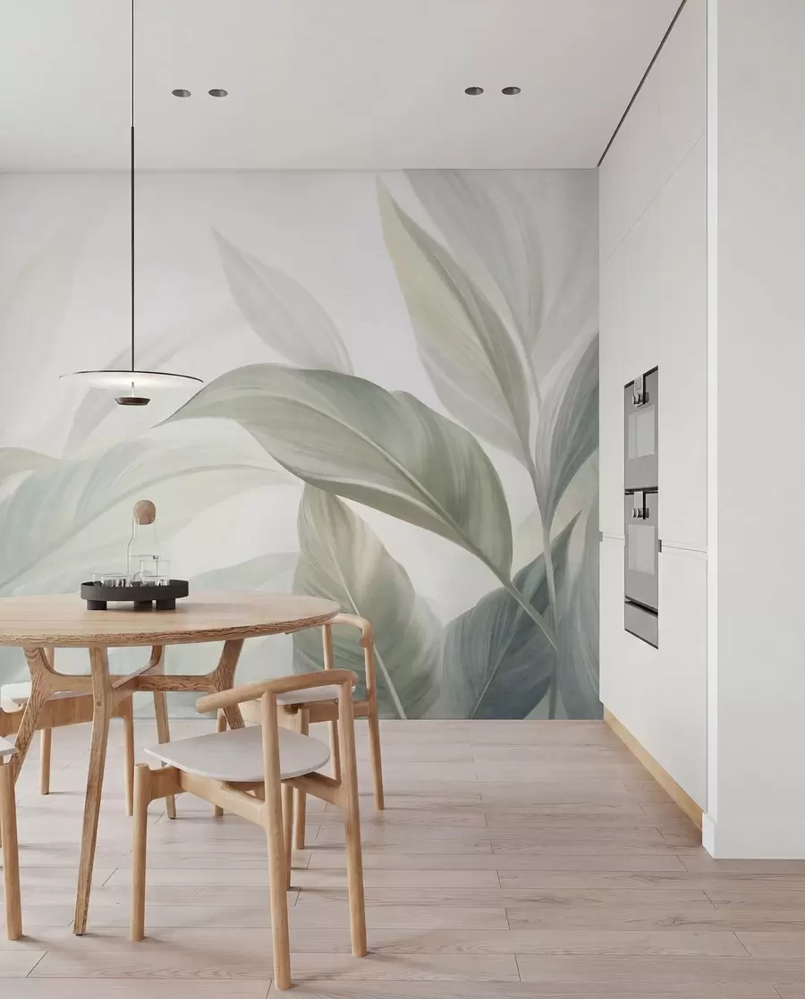 murais de parede Folhas tropicais grandes, de cor verde-claro, com tons suaves e pastel, e textura artística w09816