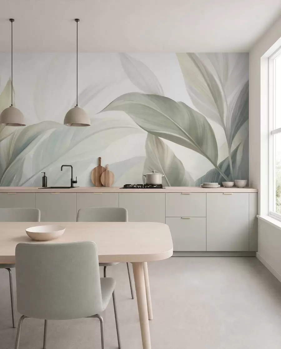 murais de parede Folhas tropicais grandes, de cor verde-claro, com tons suaves e pastel, e textura artística w09816