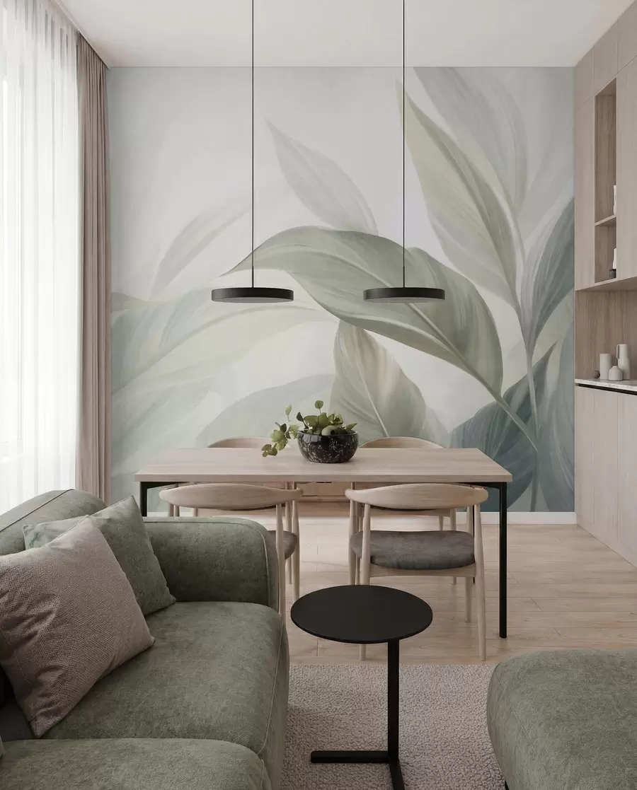 murais de parede Folhas tropicais grandes, de cor verde-claro, com tons suaves e pastel, e textura artística w09816