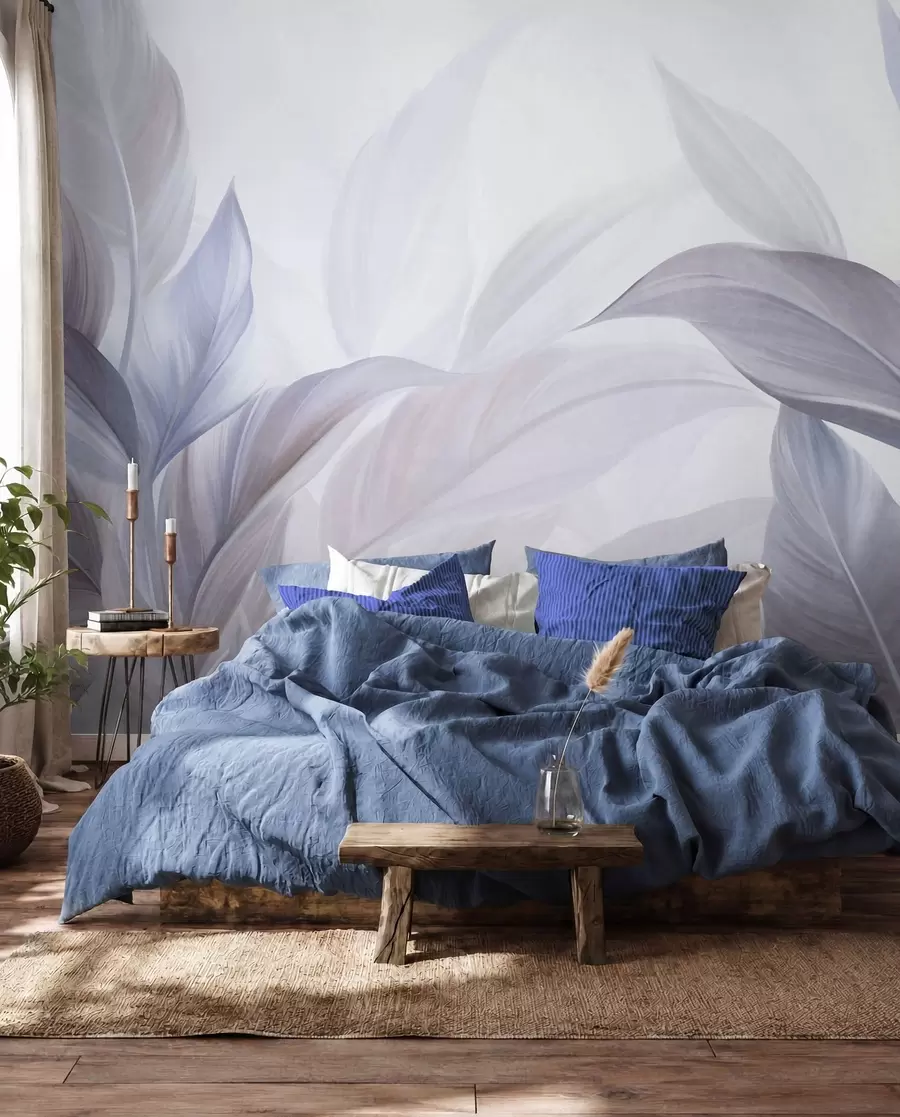 murais de parede Folhas tropicais grandes, em tons de azul claro e violeta, com cores suaves e pastel, e textura artística w09816v1