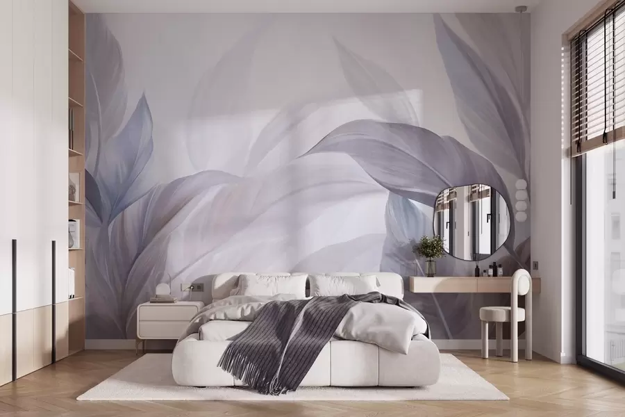 murais de parede Folhas tropicais grandes, em tons de azul claro e violeta, com cores suaves e pastel, e textura artística w09816v1