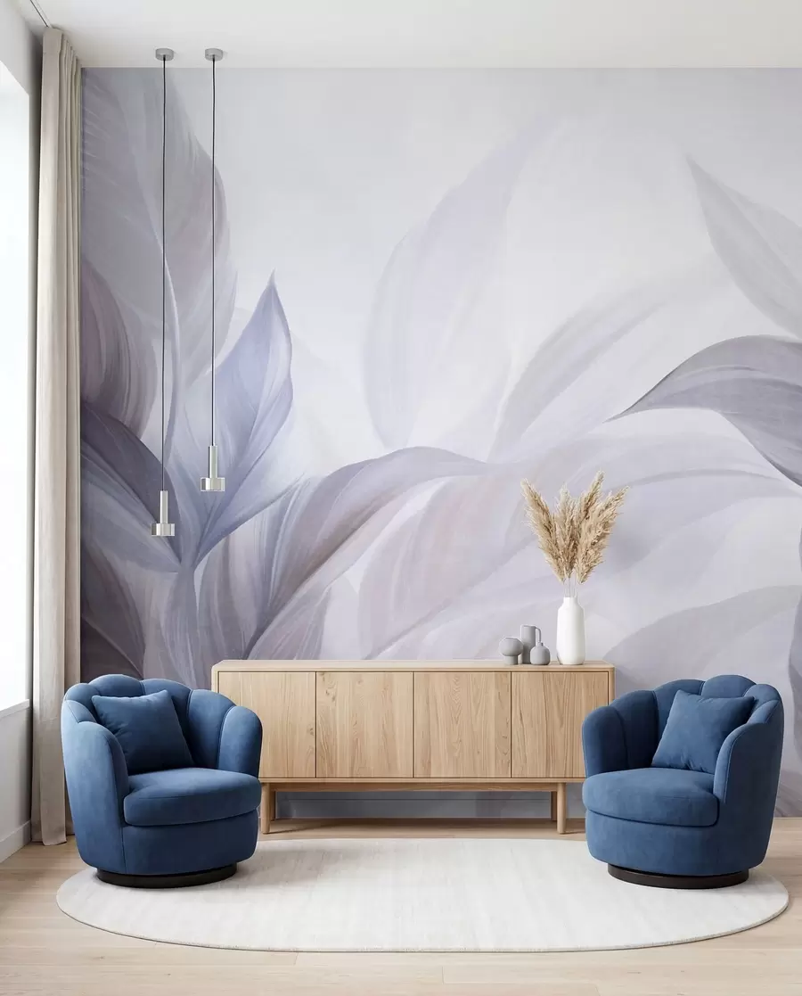 murais de parede Folhas tropicais grandes, em tons de azul claro e violeta, com cores suaves e pastel, e textura artística w09816v1