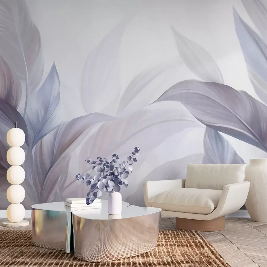 murais de parede Folhas tropicais grandes, em tons de azul claro e violeta, com cores suaves e pastel, e textura artística w09816v1
