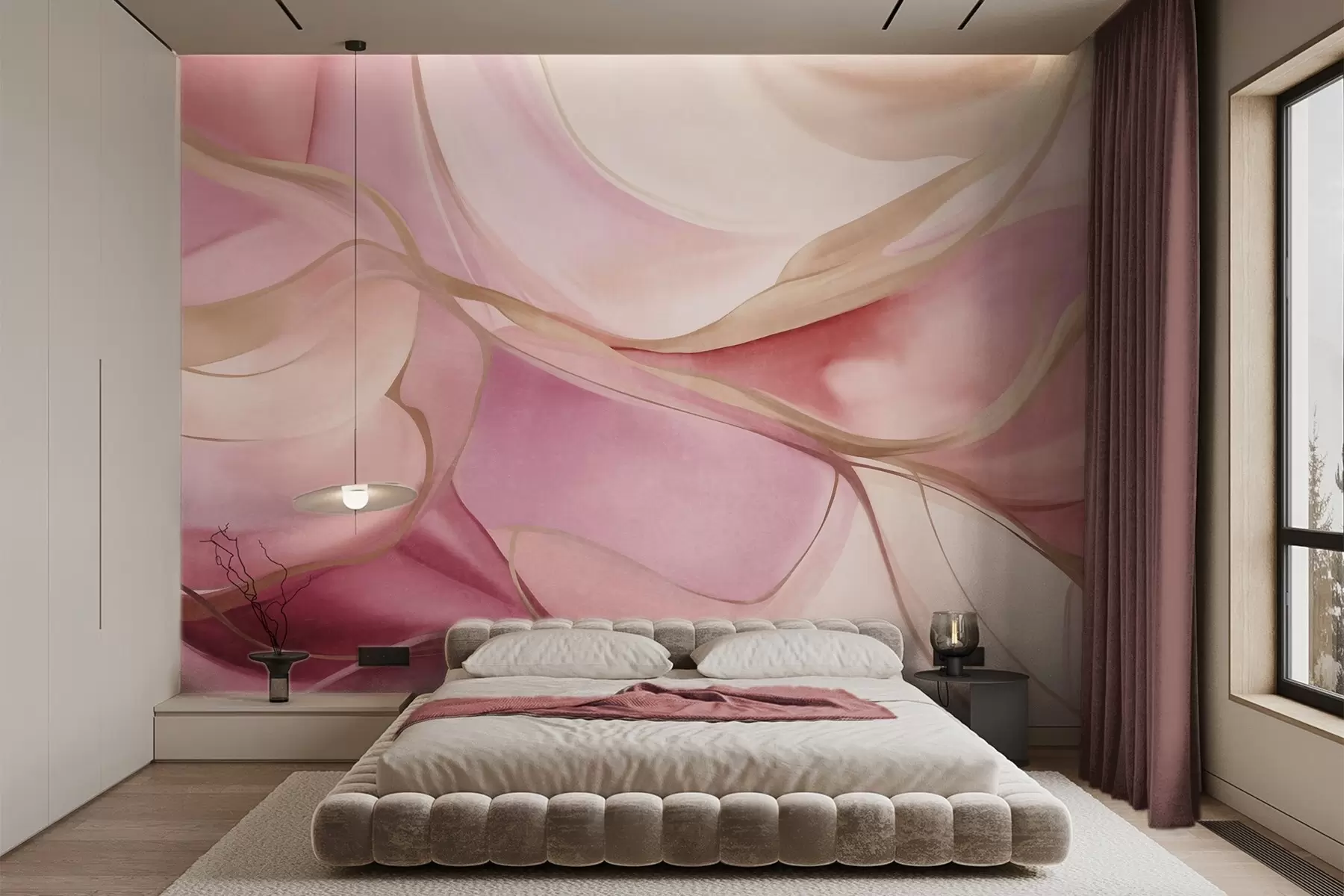 murais de parede Formas fluidas com textura abstrata em tons de rosa e bege, com delicadas linhas amarelas w09818