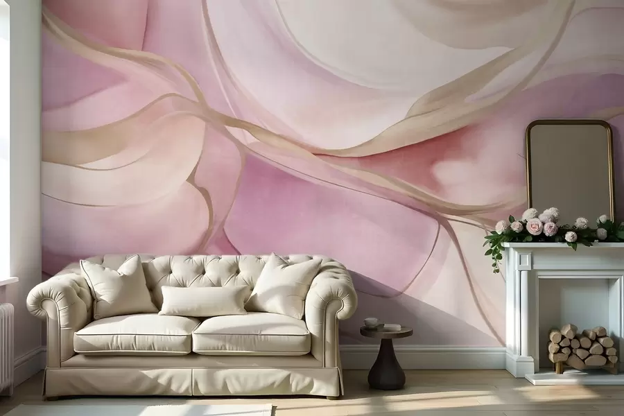 murais de parede Formas fluidas com textura abstrata em tons de rosa e bege, com delicadas linhas amarelas w09818
