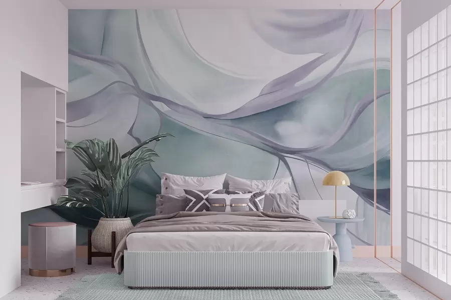 murais de parede Formas fluidas com textura abstrata em tons de azul e cinzento, com linhas delicadas w09818v1