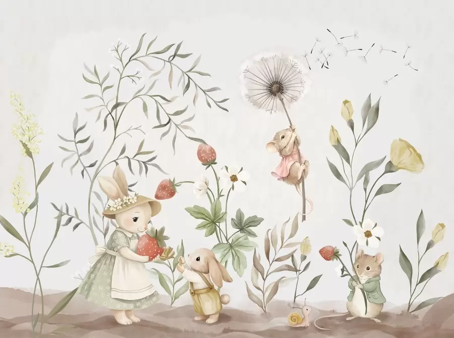murais de parede Ilustração infantil de um coelho e um rato entre plantas e flores w05422
