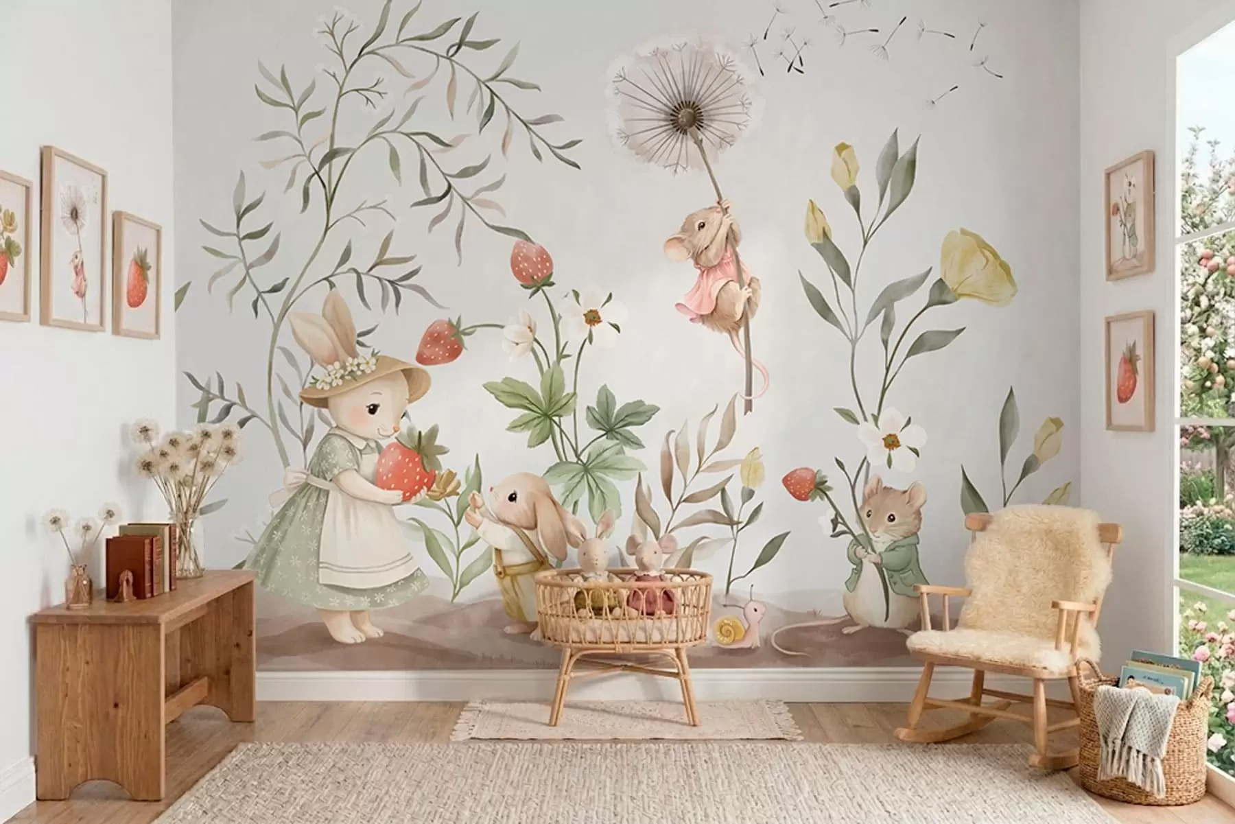 murais de parede Ilustração infantil de um coelho e um rato entre plantas e flores w05422