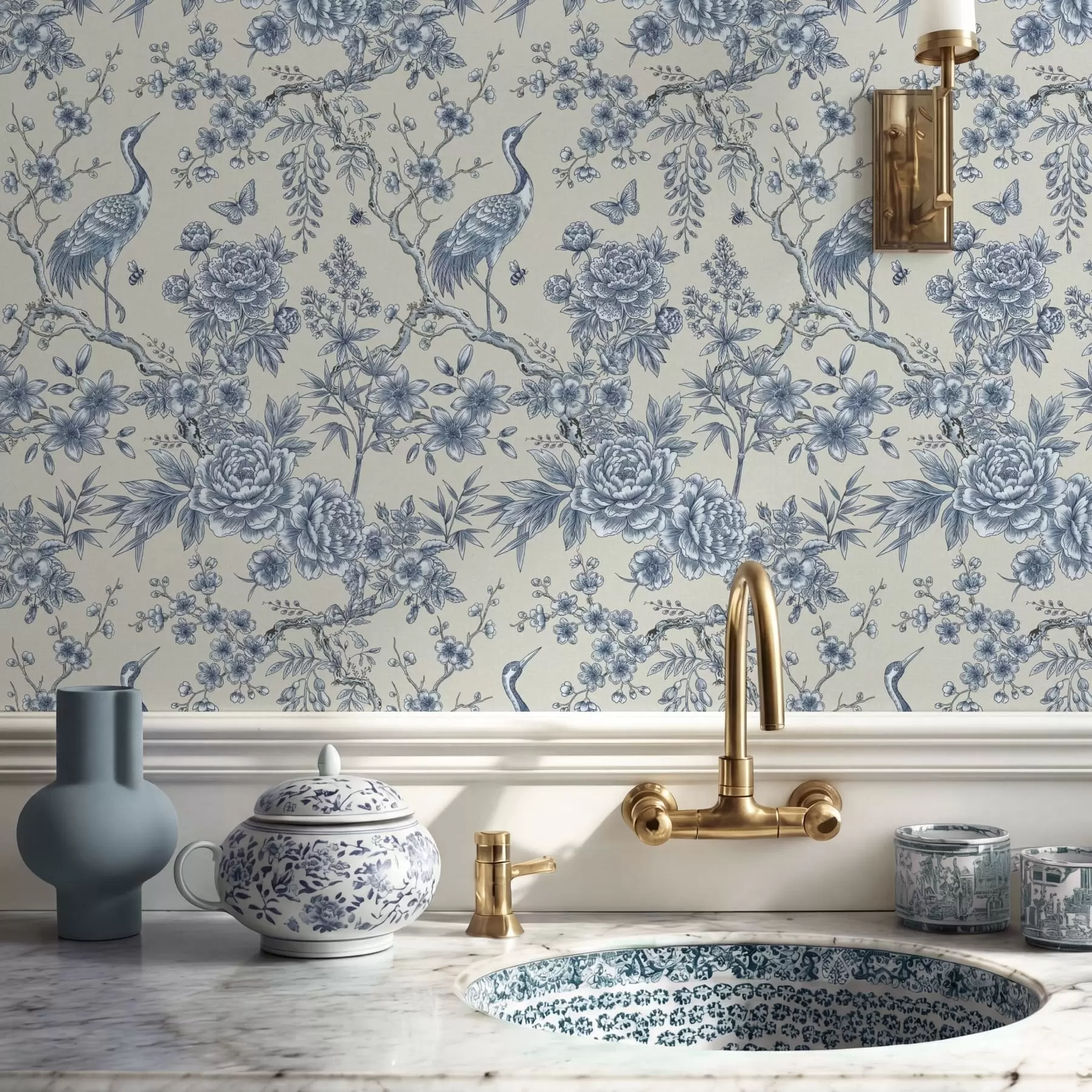 murais de parede Ornamento floral azul com pássaro e ramos a01132