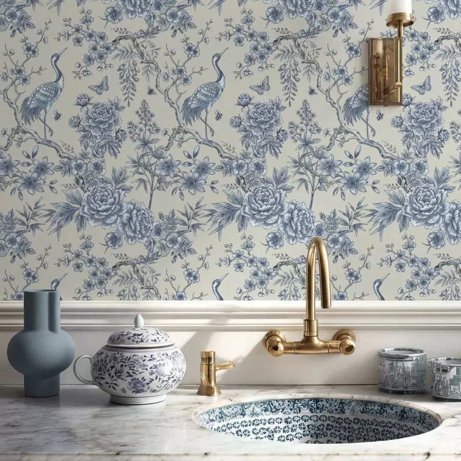 murais de parede Ornamento floral azul com pássaro e ramos a01132