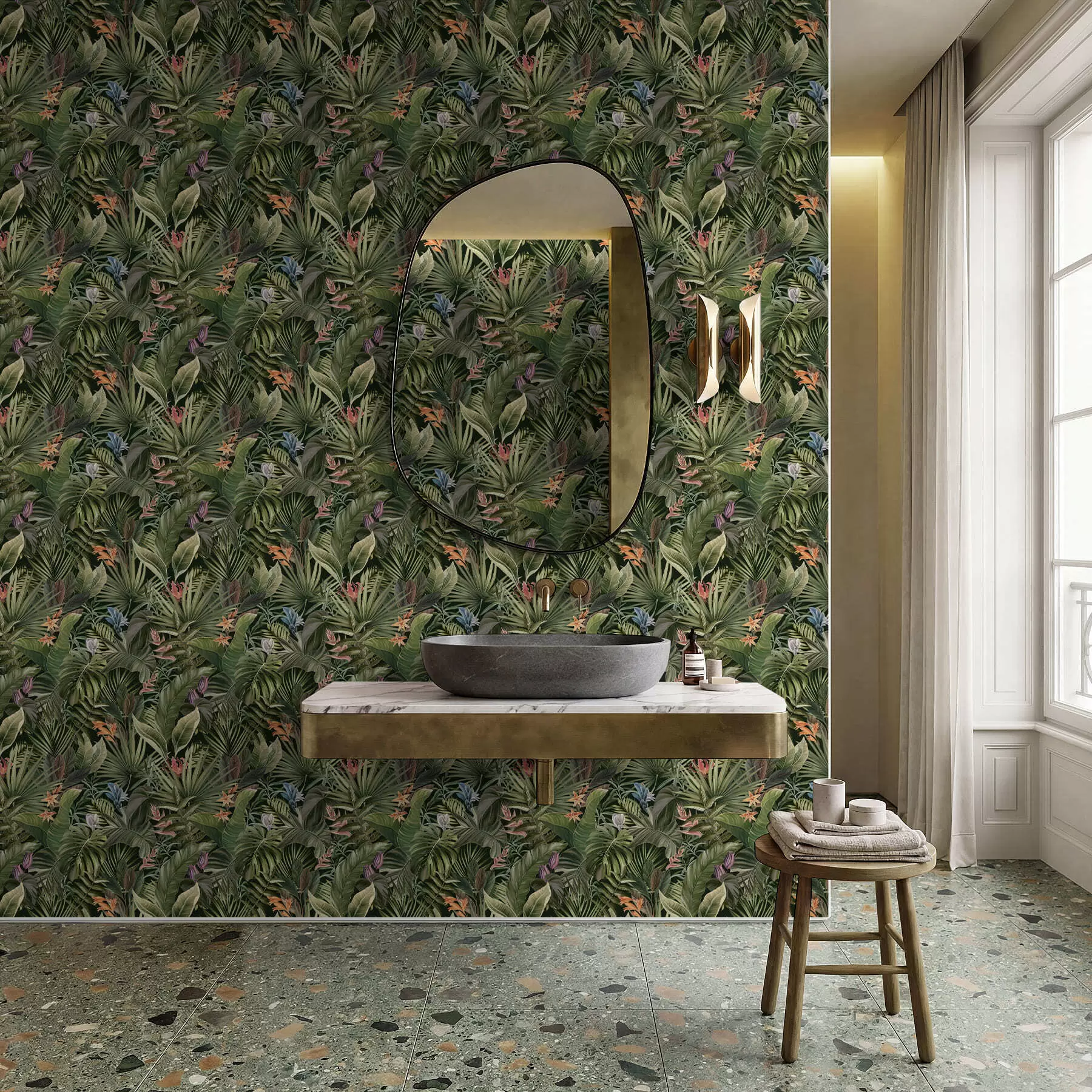 murais de parede Folhas tropicais com flores sobre fundo escuro a01153