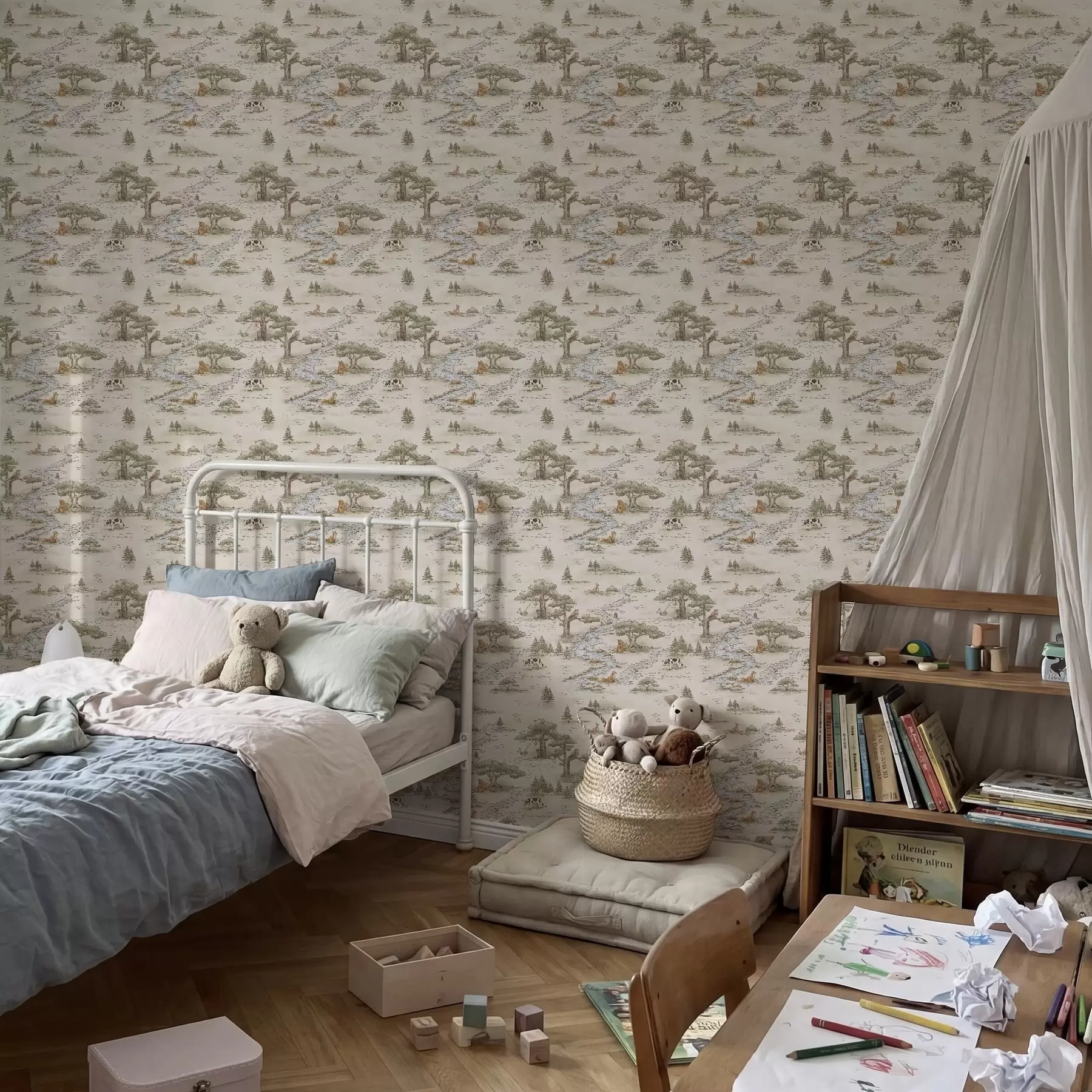 murais de parede Ilustração da natureza com animais e um rio a01157