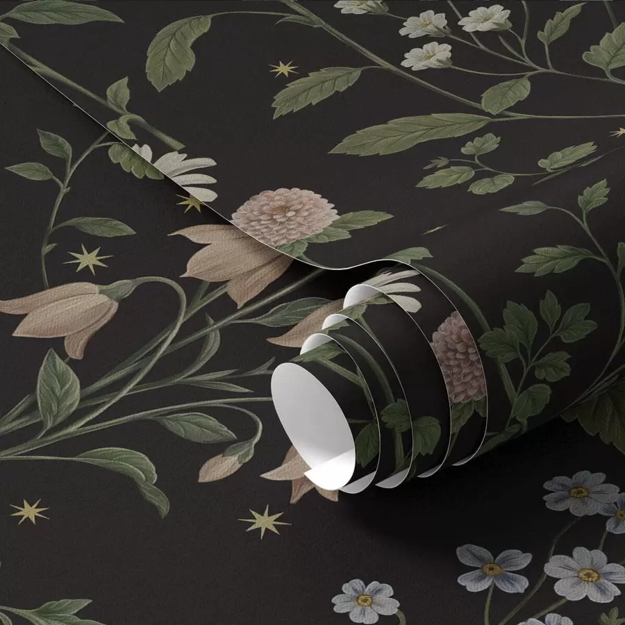 murais de parede Padrão floral sobre fundo preto com estrelas a01160