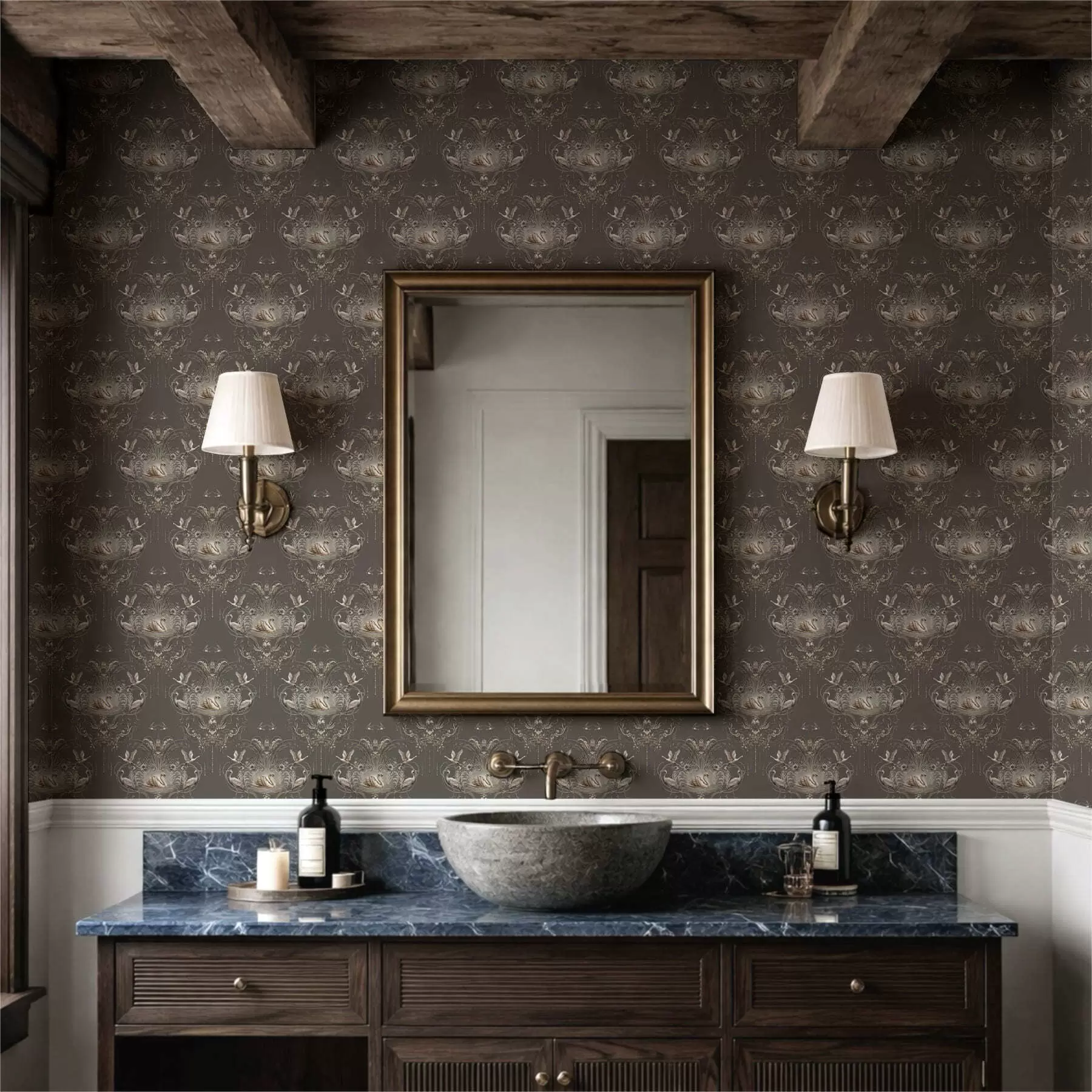 murais de parede Ornamento com cisnes e pássaros em estilo clássico a01161