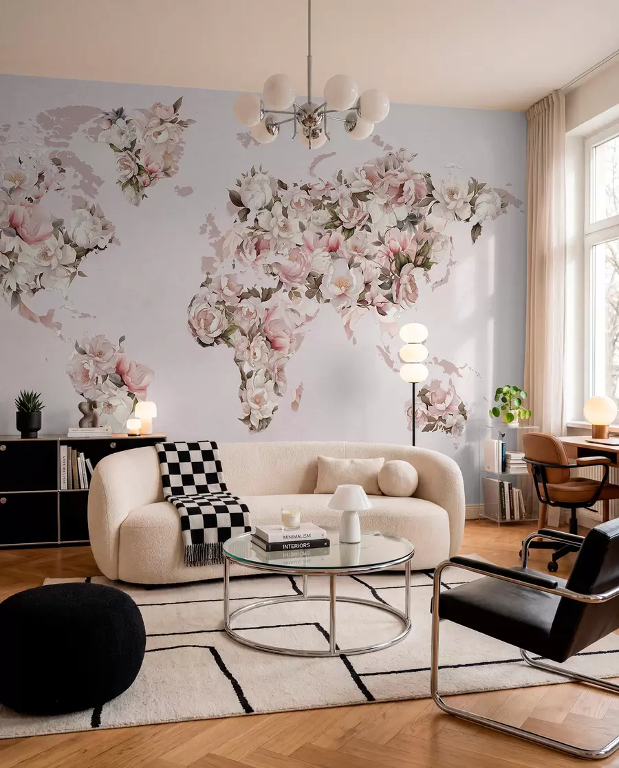 murais de parede Um mapa-múndi cor-de-rosa feito de grandes peónias brancas e cor-de-rosa c00005