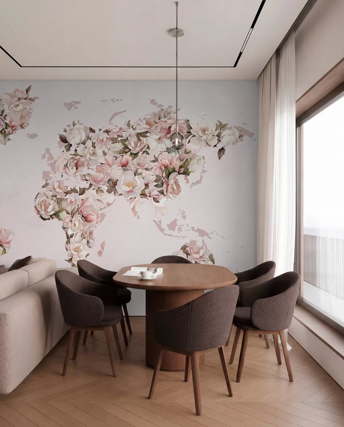 murais de parede Um mapa-múndi cor-de-rosa feito de grandes peónias brancas e cor-de-rosa c00005