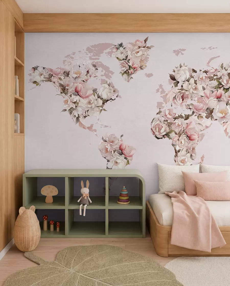 murais de parede Um mapa-múndi cor-de-rosa feito de grandes peónias brancas e cor-de-rosa c00005