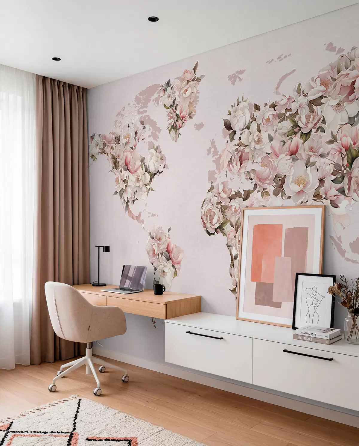murais de parede Um mapa-múndi cor-de-rosa feito de grandes peónias brancas e cor-de-rosa c00005