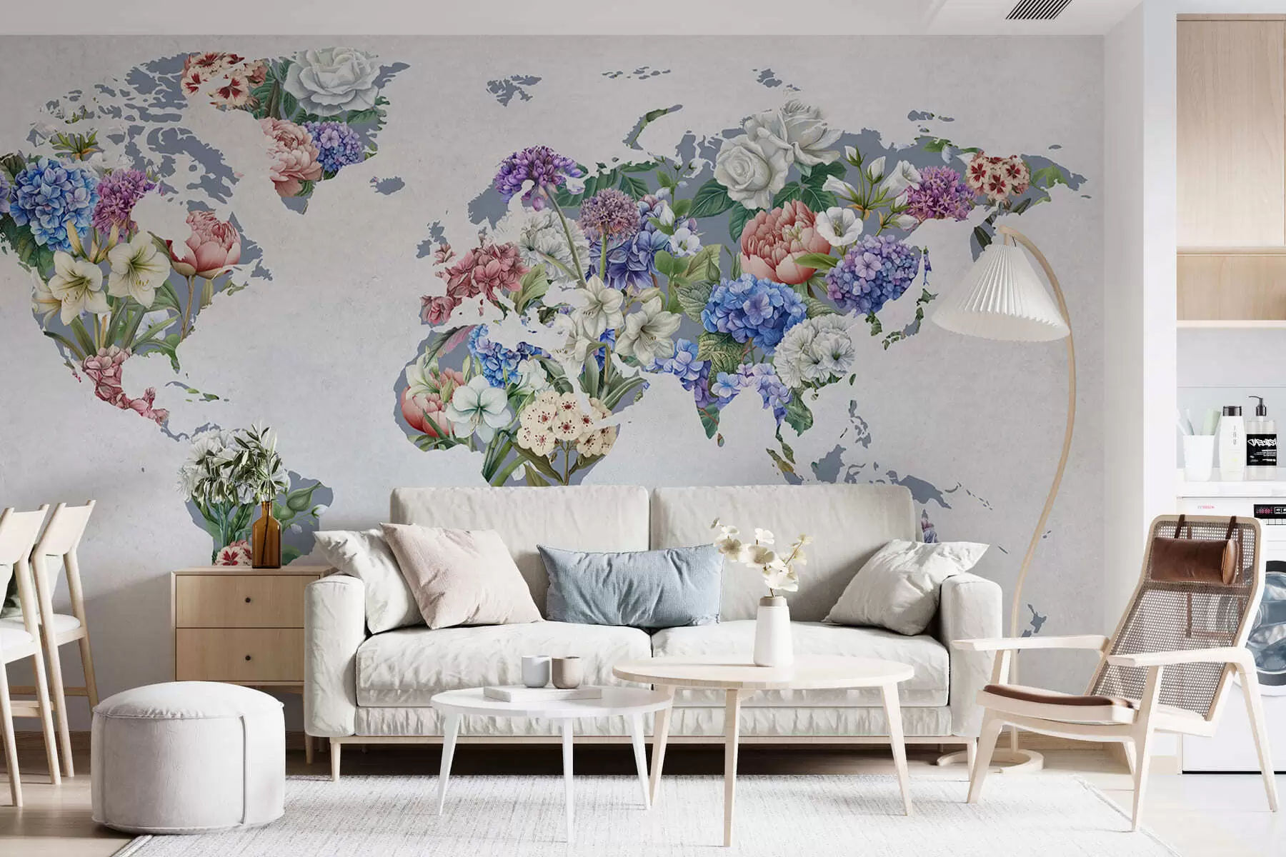 murais de parede Um mapa colorido do mundo feito com uma variedade de flores vibrantes c00006