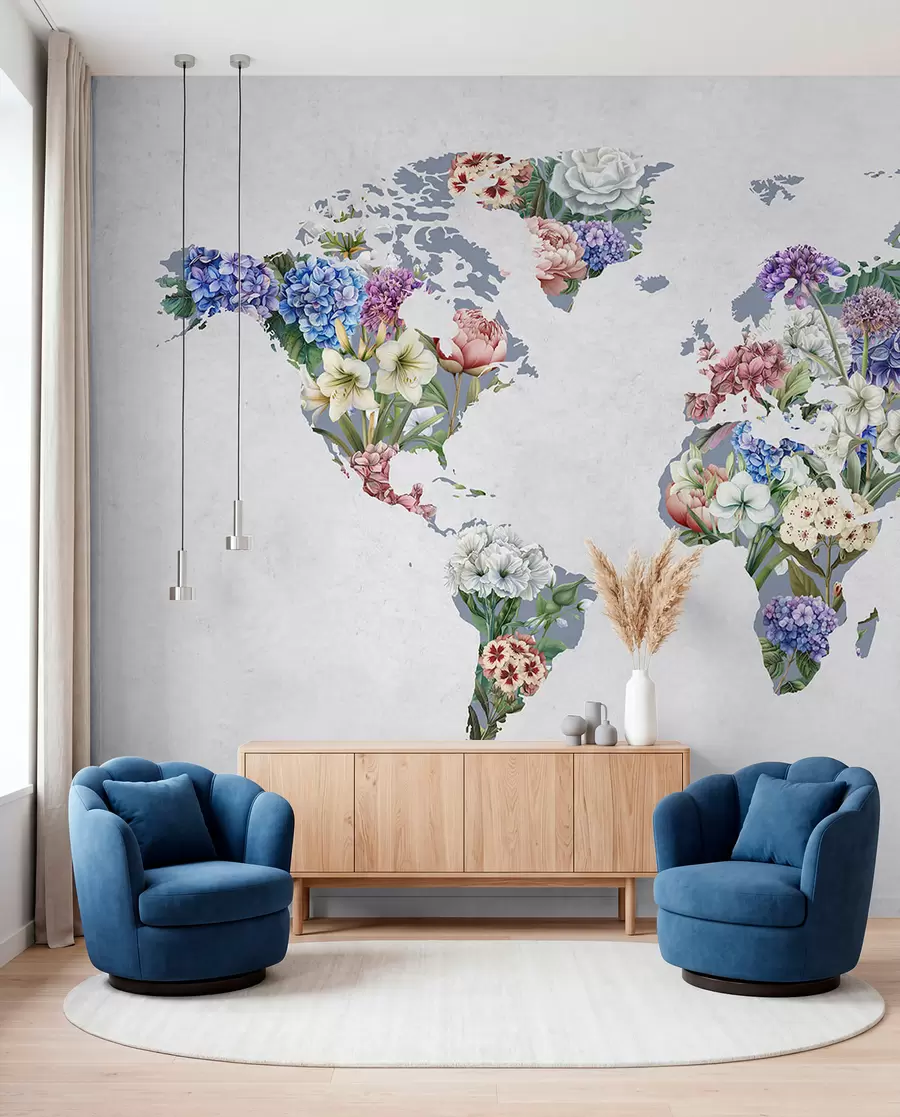 murais de parede Um mapa colorido do mundo feito com uma variedade de flores vibrantes c00006