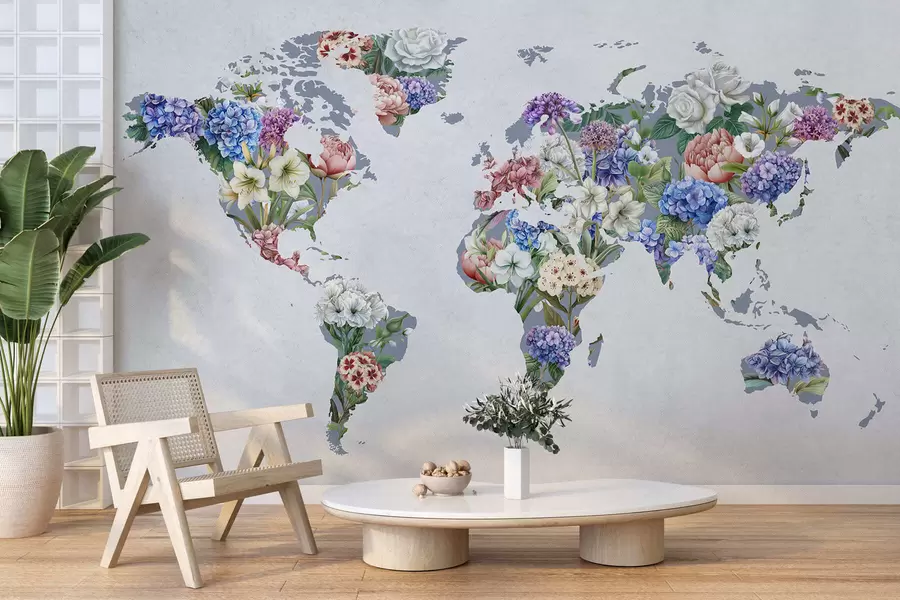 murais de parede Um mapa colorido do mundo feito com uma variedade de flores vibrantes c00006