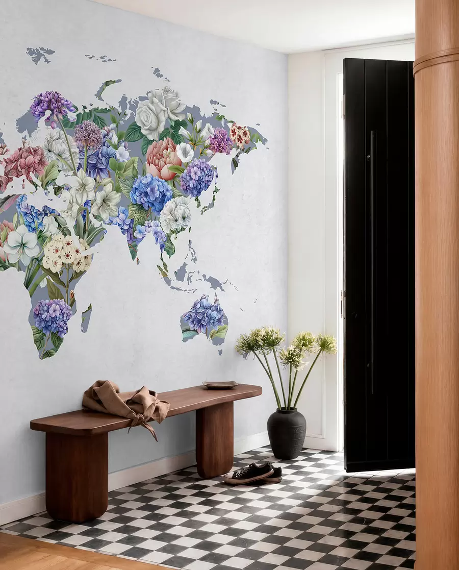 murais de parede Um mapa colorido do mundo feito com uma variedade de flores vibrantes c00006