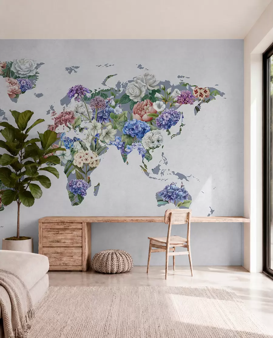 murais de parede Um mapa colorido do mundo feito com uma variedade de flores vibrantes c00006