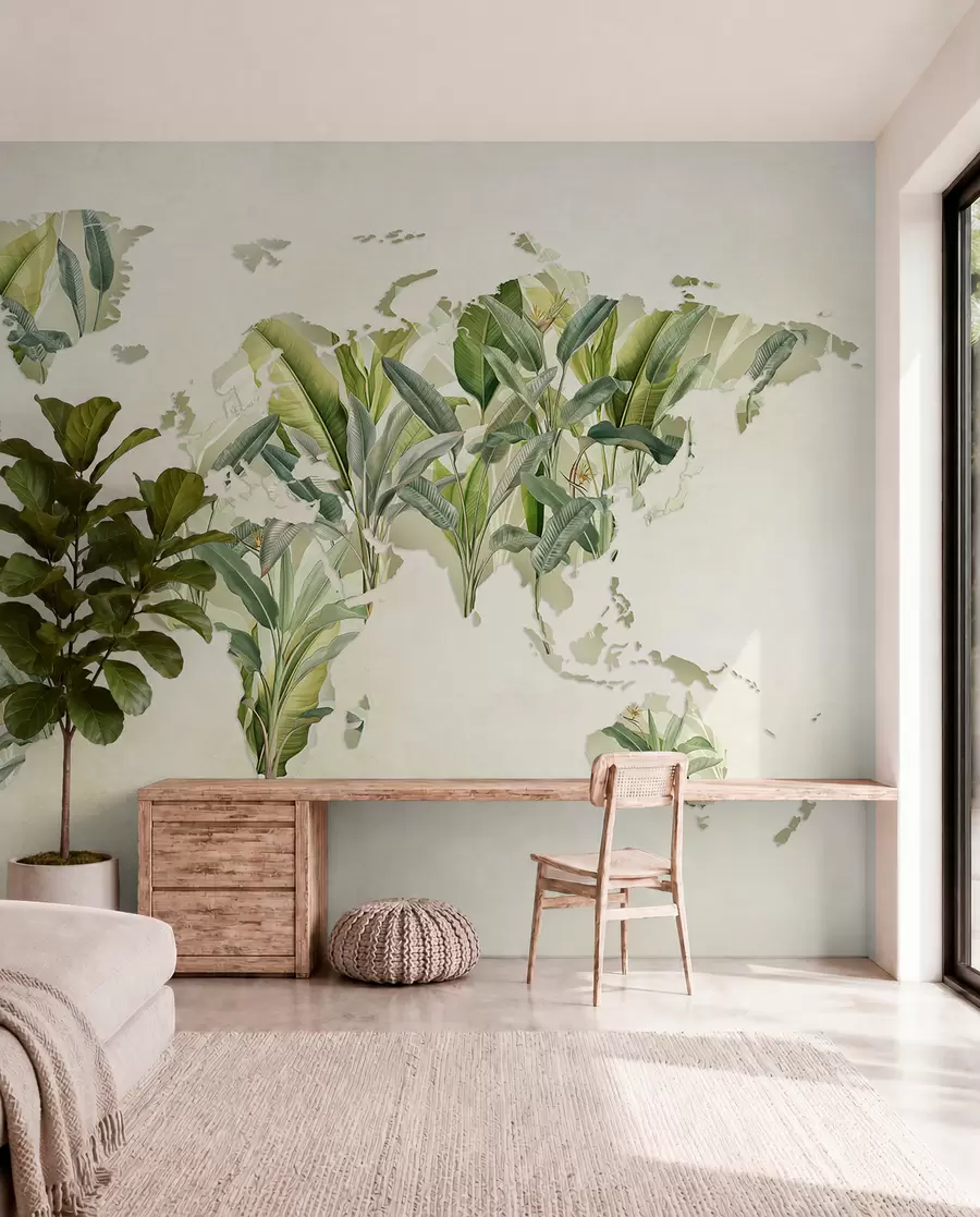murais de parede Um mapa verde do mundo feito de folhas de bananeira c00007