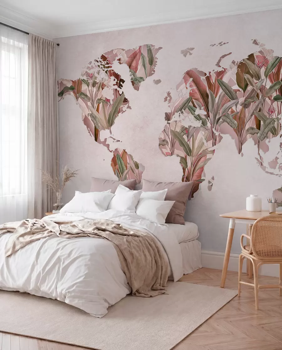 murais de parede Um mapa-múndi cor-de-rosa feito de folhas de bananeira c00007v2