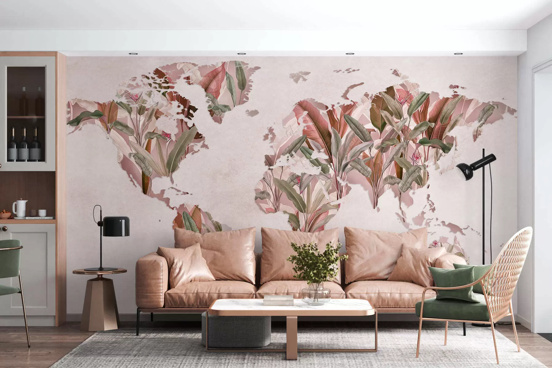 murais de parede Um mapa-múndi cor-de-rosa feito de folhas de bananeira c00007v2