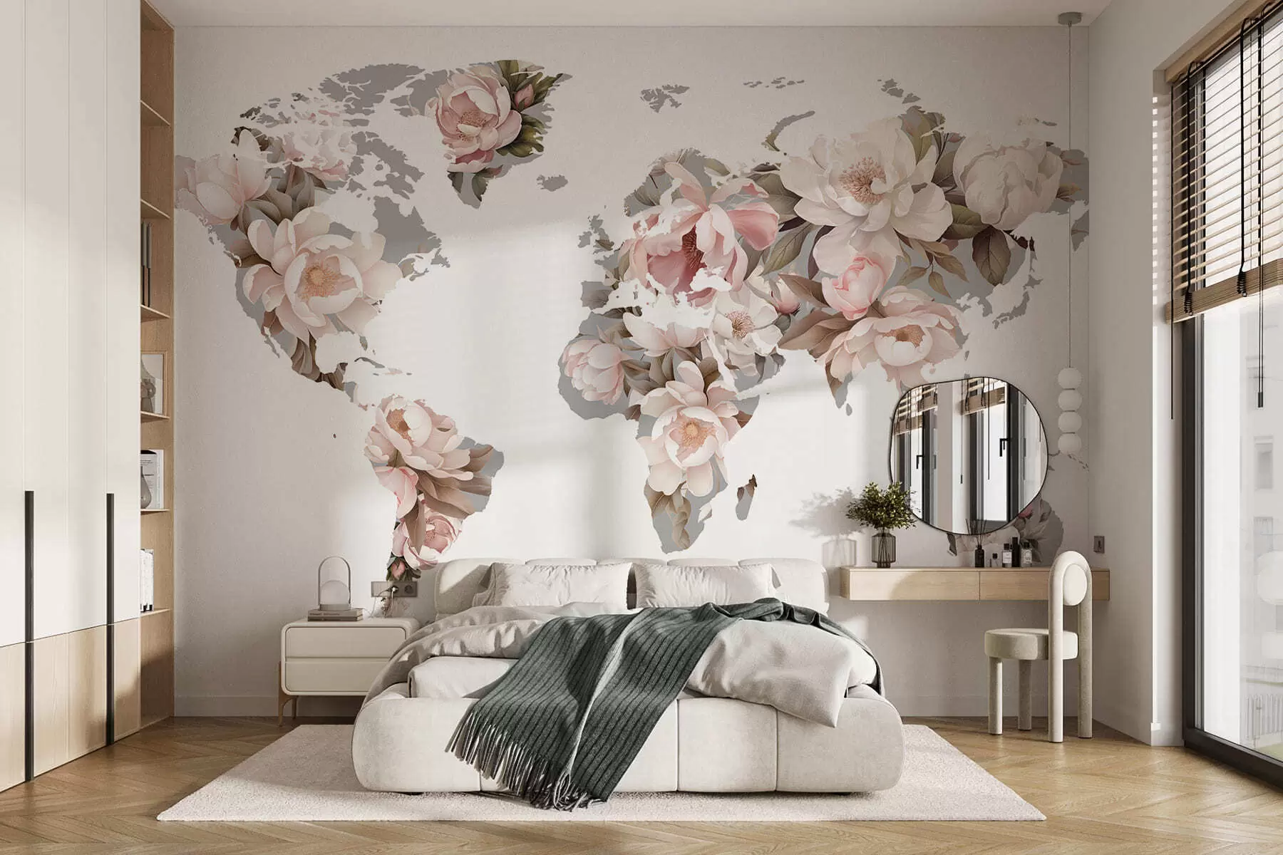 murais de parede Um delicado e cremoso mapa-múndi feito de flores c00008