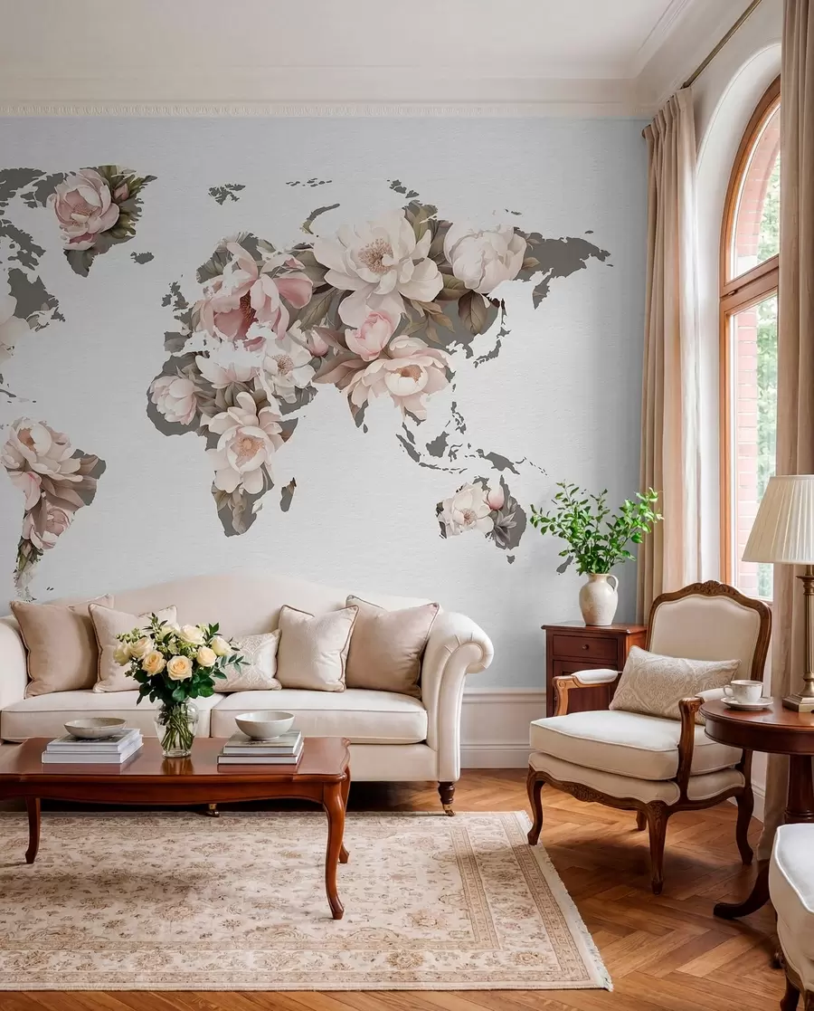 murais de parede Um delicado e cremoso mapa-múndi feito de flores c00008