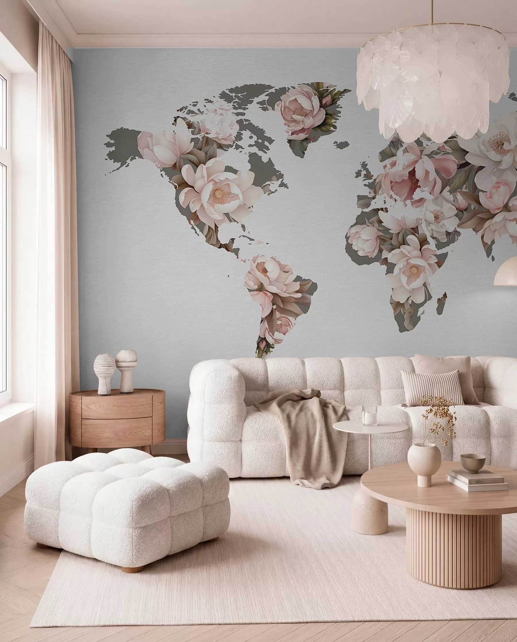 murais de parede Um delicado e cremoso mapa-múndi feito de flores c00008