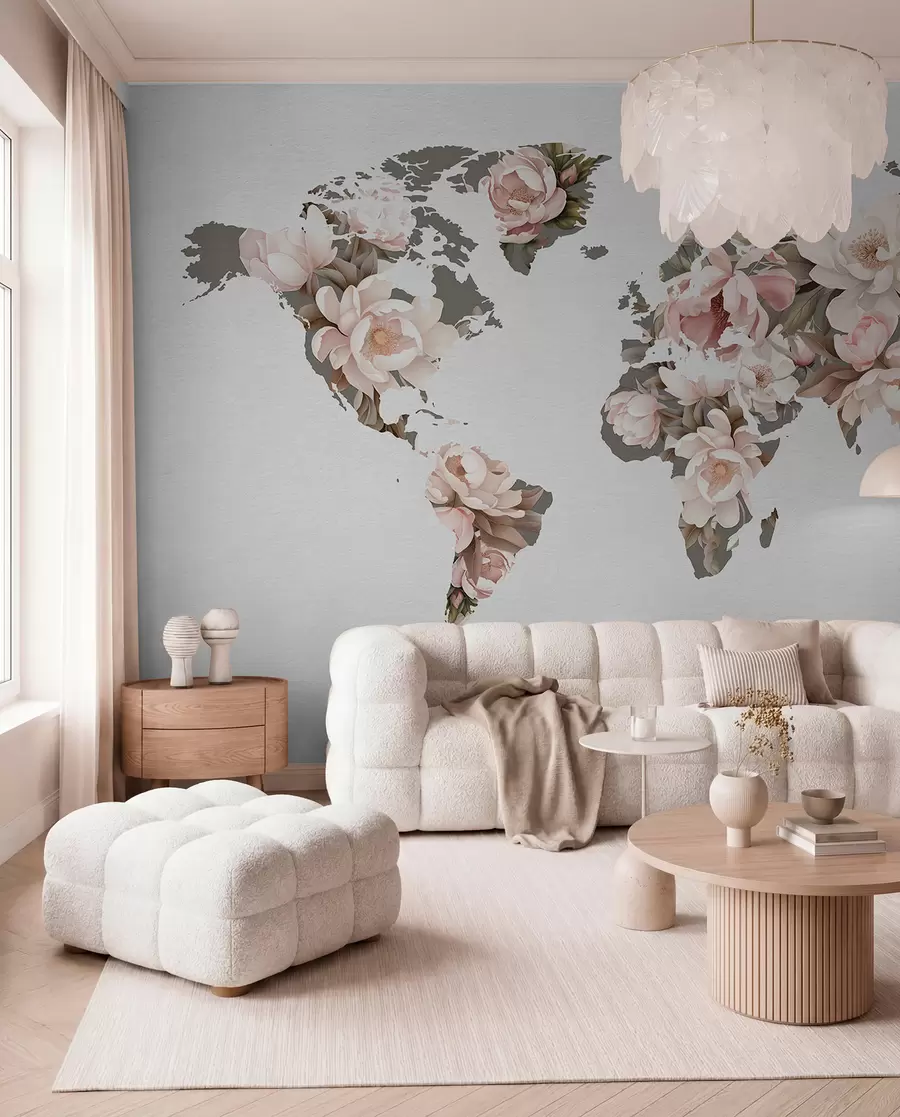 murais de parede Um delicado e cremoso mapa-múndi feito de flores c00008