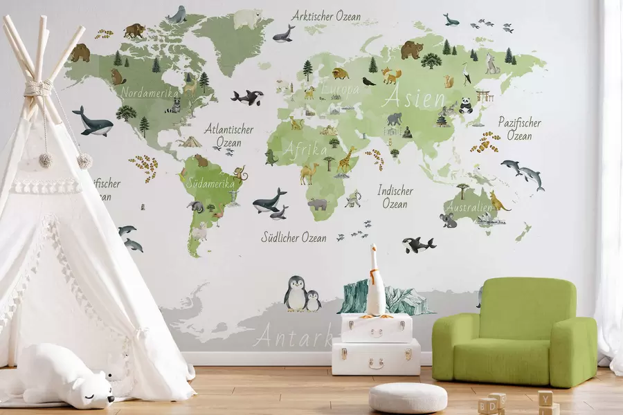 murais de parede Um mapa verde em estilo aquarela, com animais, plantas e arquitetura. Legendas em alemão c00009dev2