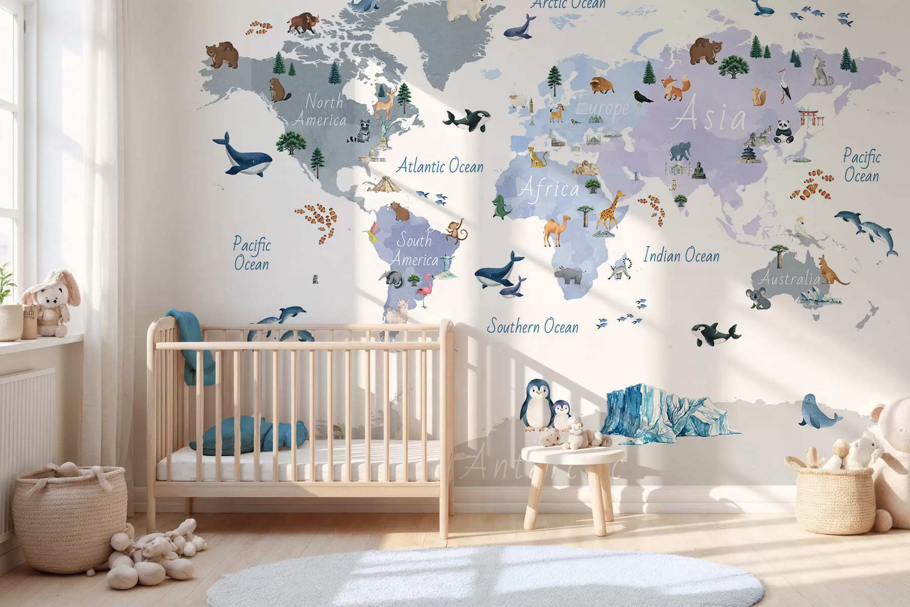 murais de parede Um mapa azul em estilo aquarela com animais, plantas e arquitetura. Legendas em inglês c00009env1