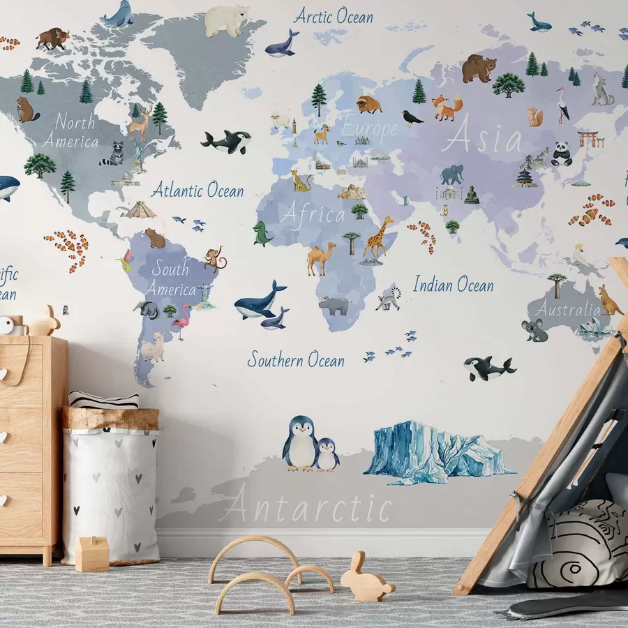 murais de parede Um mapa azul em estilo aquarela com animais, plantas e arquitetura. Legendas em inglês c00009env1