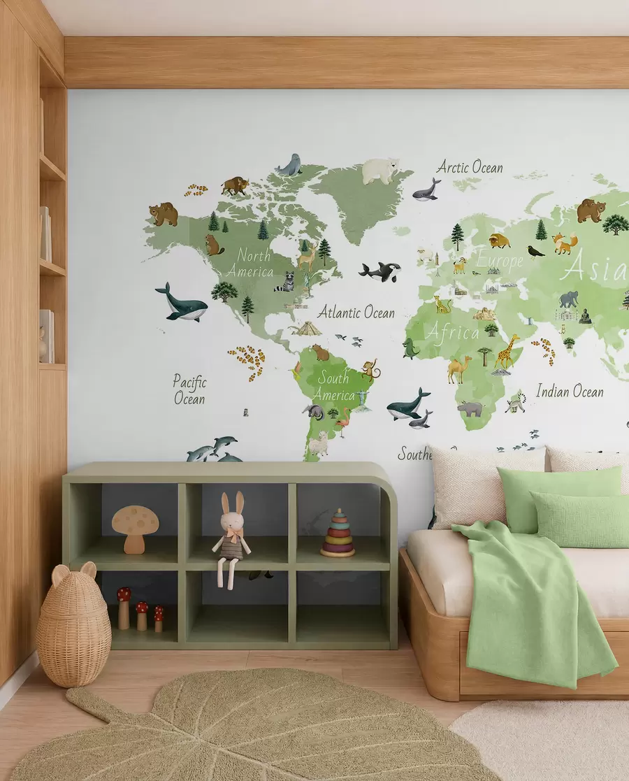 murais de parede Mapa fauna verde em inglês c00009env2