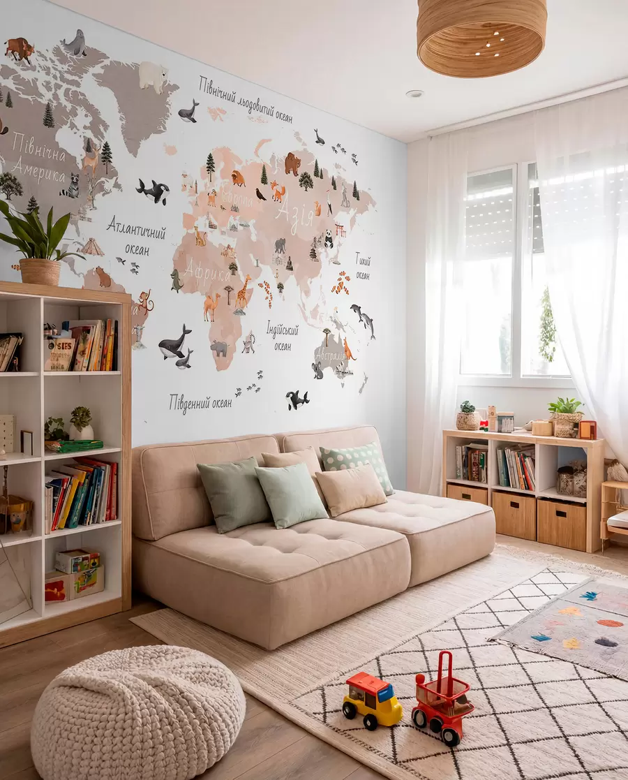 murais de parede Um mapa em tons de bege, em estilo aquarela, com animais, plantas e arquitetura. Legendas em ucraniano c00009ukv3